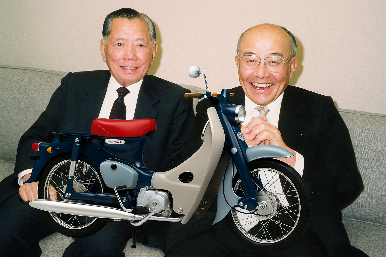 Loh Boon Siew bersama Soichiro Honda dengan Honda Super Cub, simbol kerjasama yang membawa motosikal Honda ke Malaysia