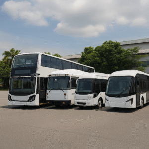 Bas bandar moden di hadapan kilang pembuat badan bas di Johor, melambangkan peranan Gemilang Coachwork Sdn Bhd dalam industri bas Malaysia.