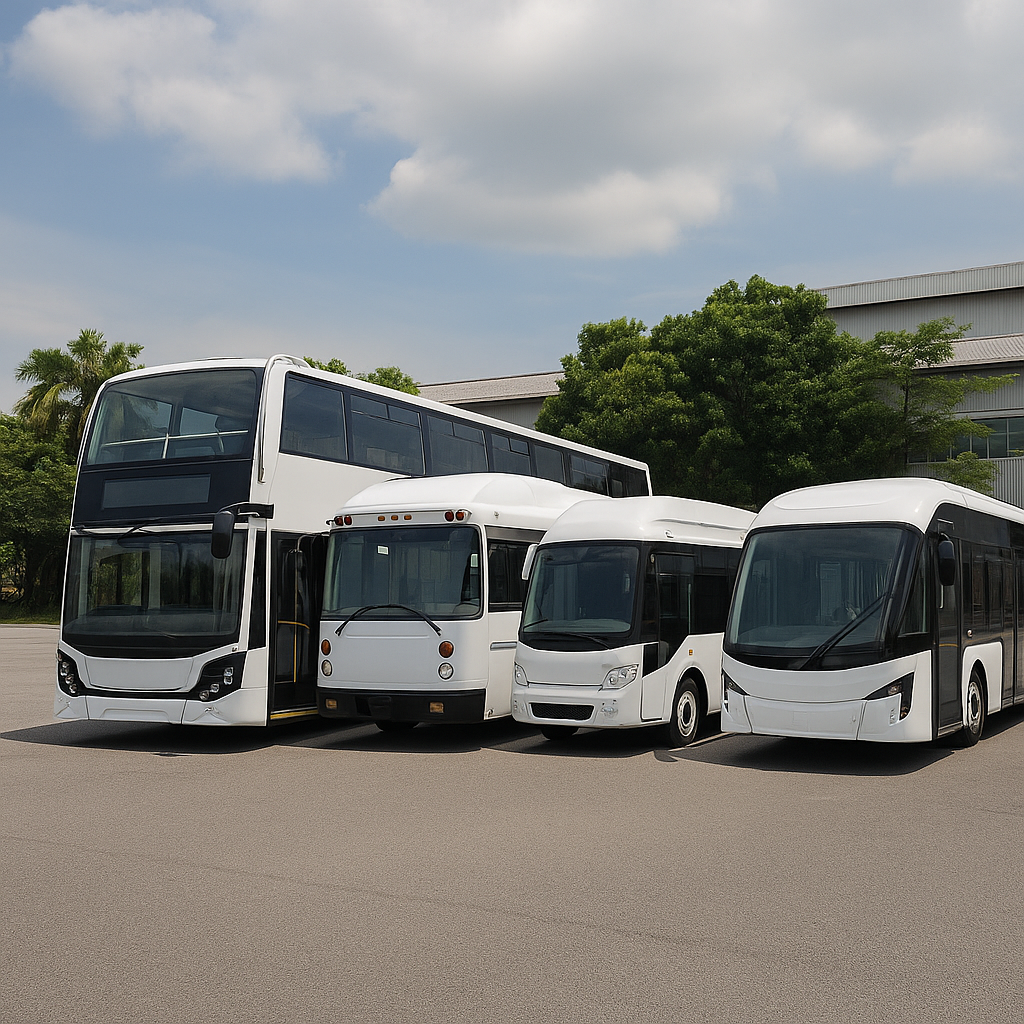 Bas bandar moden di hadapan kilang pembuat badan bas di Johor, melambangkan peranan Gemilang Coachwork Sdn Bhd dalam industri bas Malaysia.