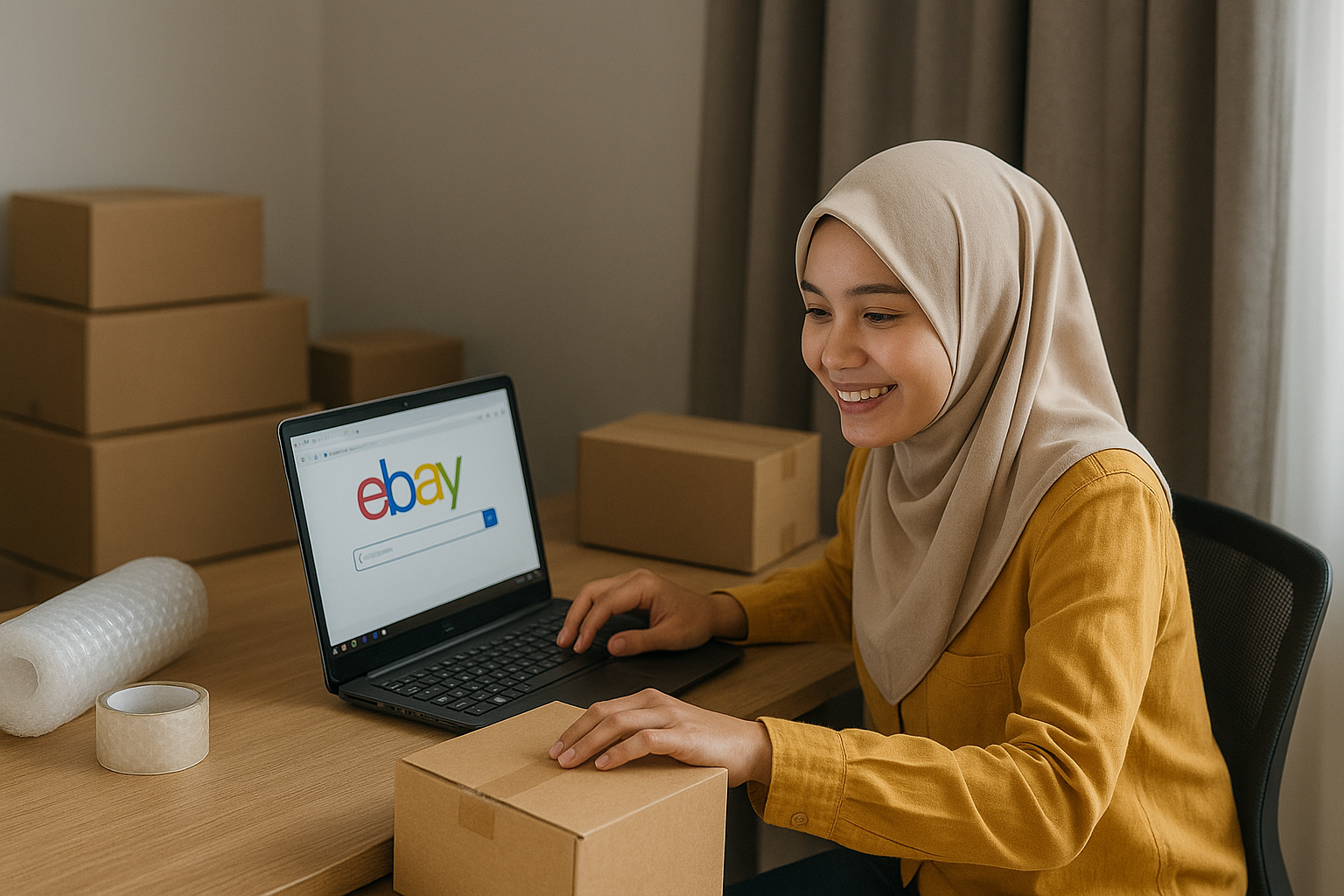 Gambaran Seller eBay di Malaysia packing barang dan urus order untuk buyer luar negara