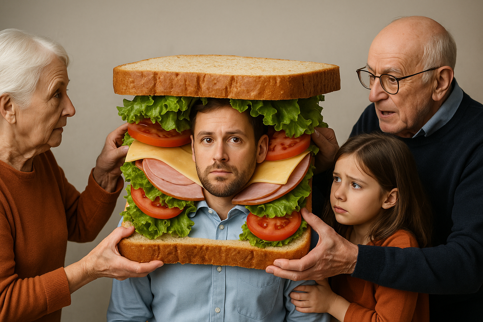 Lelaki Melayu berpakaian kostum sandwich ditarik ibu bapa dan keluarga di taman tema, menggambarkan generasi sandwich.